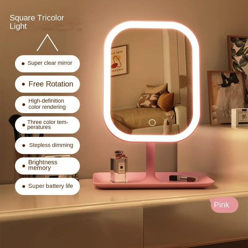 LED Desktop Vanity Mirror – 3-Color Dimmable Touch Makeup Mirror for Bedroom & Dressing Table
