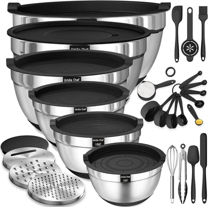 26-Piece Stainless Steel Mixing Bowl Set with Airtight Lids, Graters & Non-Slip Bottoms – Multi-Size Kitchen Prep & Serving Bowls