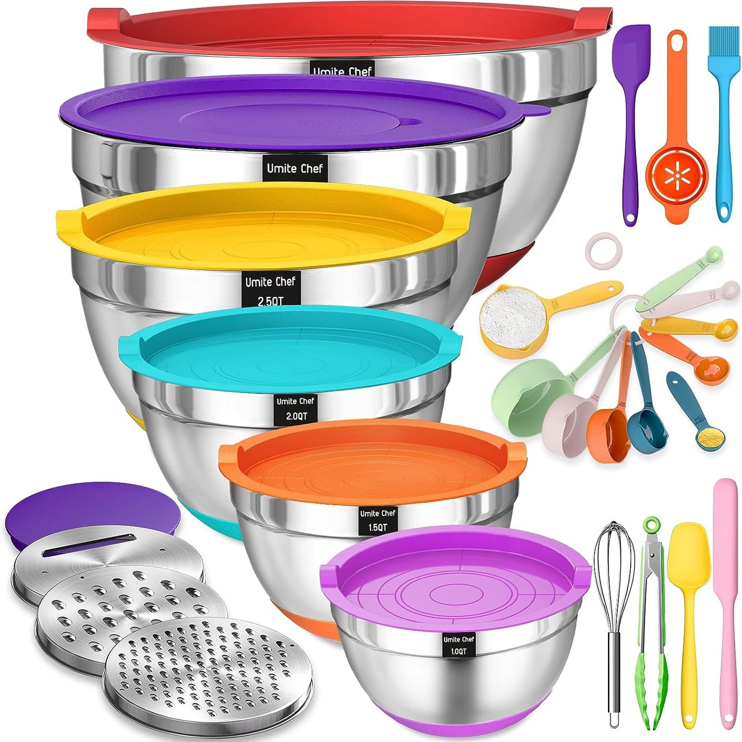 26-Piece Stainless Steel Mixing Bowl Set with Airtight Lids, Graters & Non-Slip Bottoms – Multi-Size Kitchen Prep & Serving Bowls