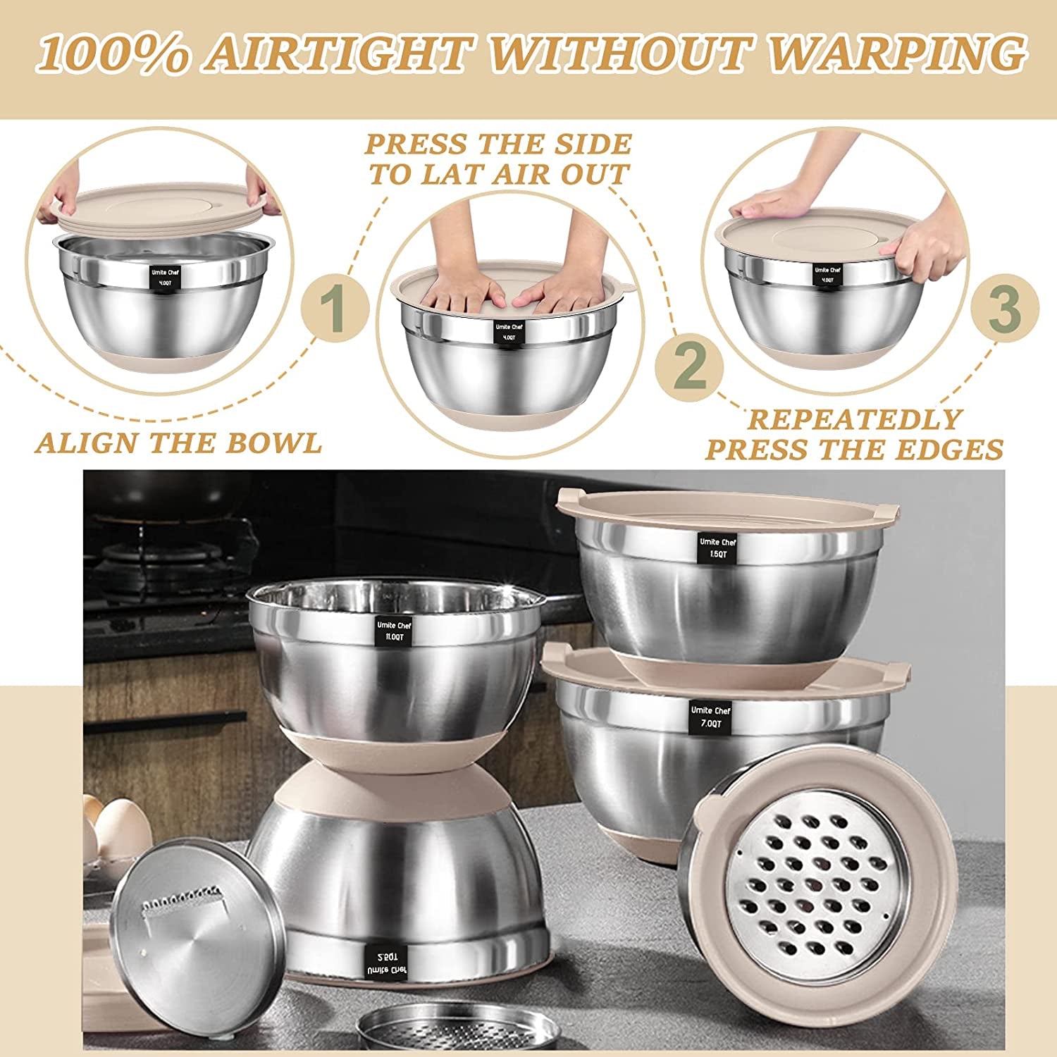 26-Piece Stainless Steel Mixing Bowl Set with Airtight Lids, Graters & Non-Slip Bottoms – Multi-Size Kitchen Prep & Serving Bowls