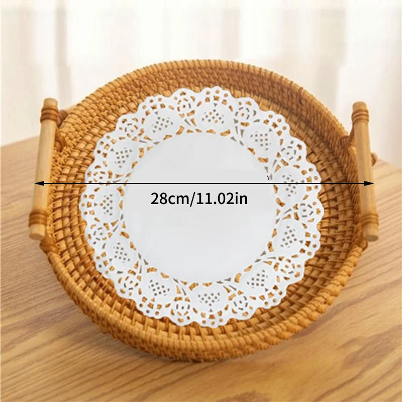 1PC Woven Rattan Storage Basket with Strap Handle round Tray for Bread Snacks Fruits Picnic - Home Organization Basket