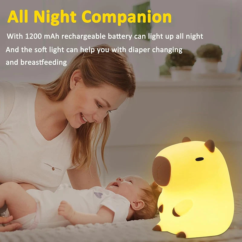 Cute Capybara Silicone Night Light – USB Rechargeable Animal Bedside Lamp for Kids & Home Décor