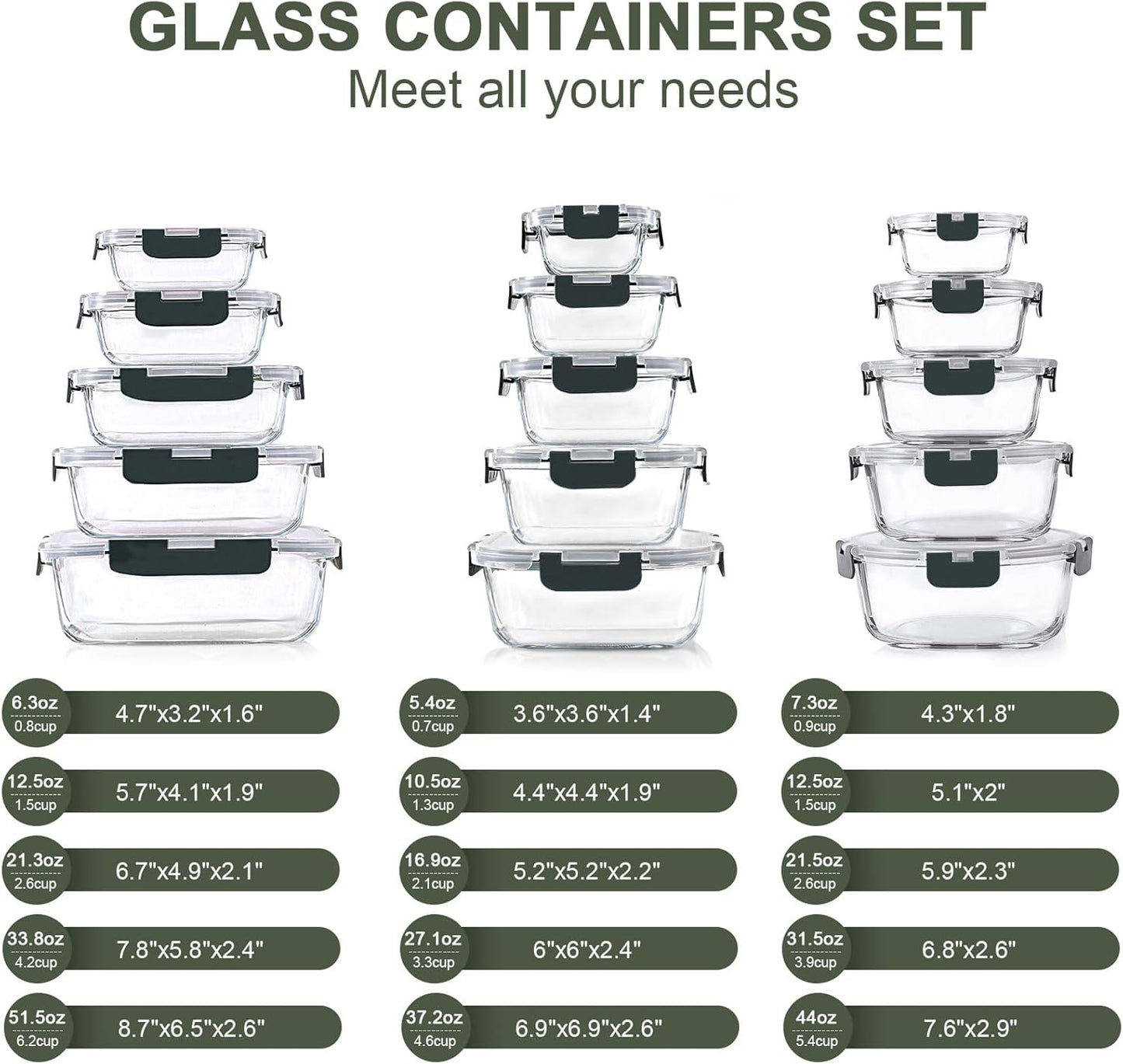 30-Piece Glass Food Storage Container Set with Snap Locking Lids – Airtight Meal Prep Containers for Microwave, Oven, Freezer & Dishwasher, Gray