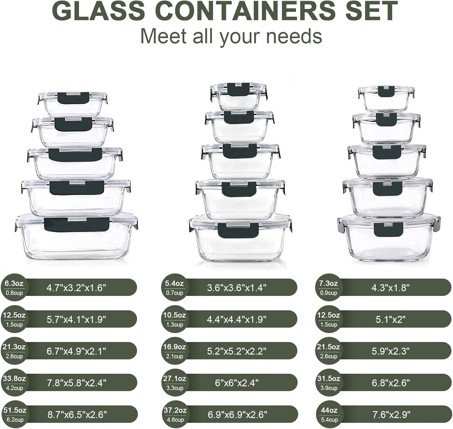 30-Piece Glass Food Storage Container Set with Snap Locking Lids – Airtight Meal Prep Containers for Microwave, Oven, Freezer & Dishwasher, Gray