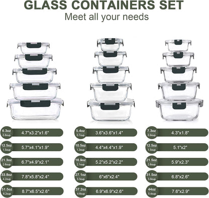 30-Piece Glass Food Storage Container Set with Snap Locking Lids – Airtight Meal Prep Containers for Microwave, Oven, Freezer & Dishwasher, Gray
