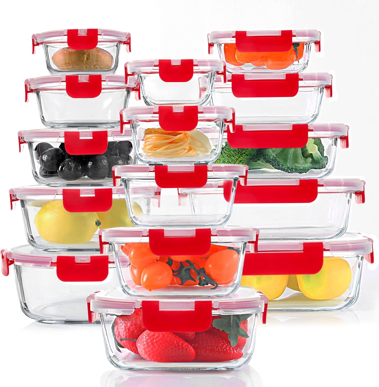 30-Piece Glass Food Storage Container Set with Snap Locking Lids – Airtight Meal Prep Containers for Microwave, Oven, Freezer & Dishwasher, Gray