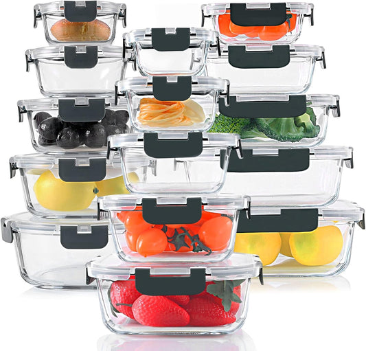 30-Piece Glass Food Storage Container Set with Snap Locking Lids – Airtight Meal Prep Containers for Microwave, Oven, Freezer & Dishwasher, Gray