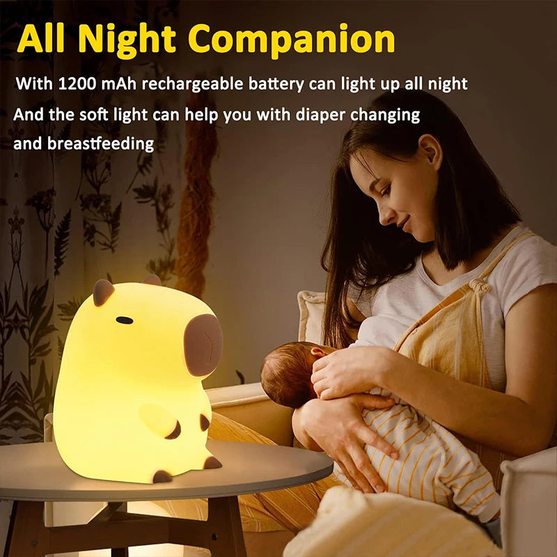Cute Capybara Silicone Night Light – USB Rechargeable Animal Bedside Lamp for Kids & Home Décor