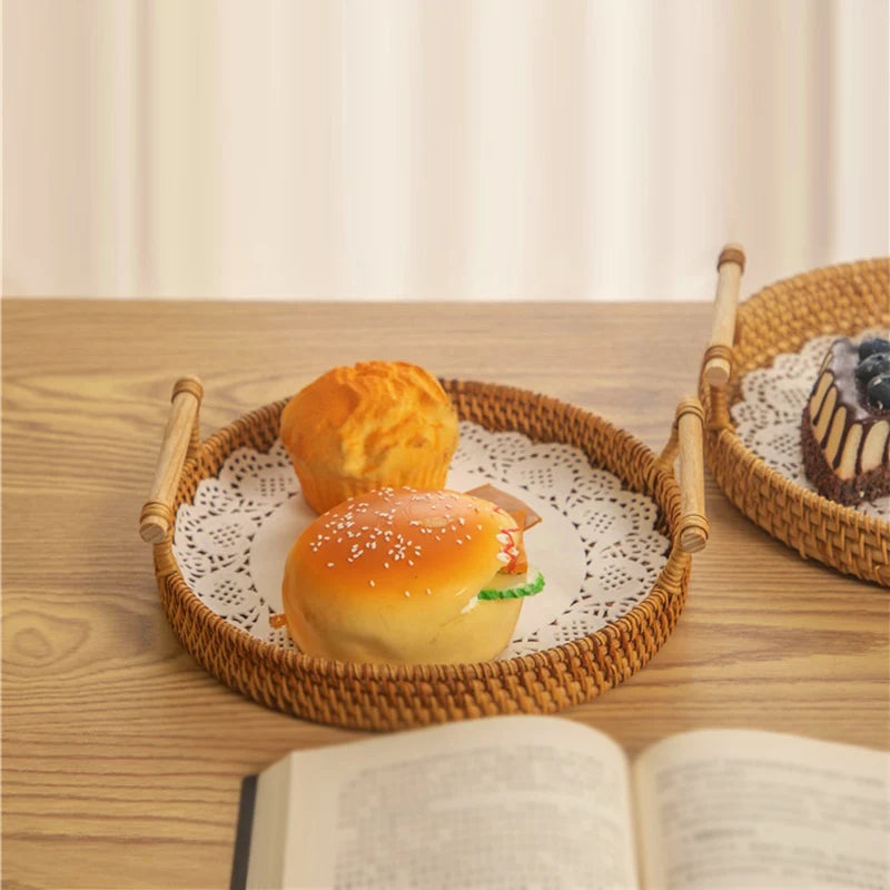1PC Woven Rattan Storage Basket with Strap Handle round Tray for Bread Snacks Fruits Picnic - Home Organization Basket