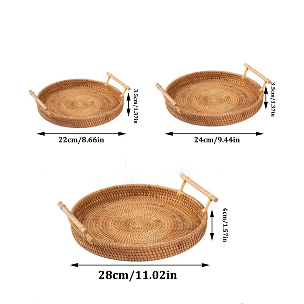 1PC Woven Rattan Storage Basket with Strap Handle round Tray for Bread Snacks Fruits Picnic - Home Organization Basket