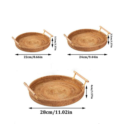 1PC Woven Rattan Storage Basket with Strap Handle round Tray for Bread Snacks Fruits Picnic - Home Organization Basket