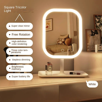 LED Desktop Vanity Mirror – 3-Color Dimmable Touch Makeup Mirror for Bedroom & Dressing Table