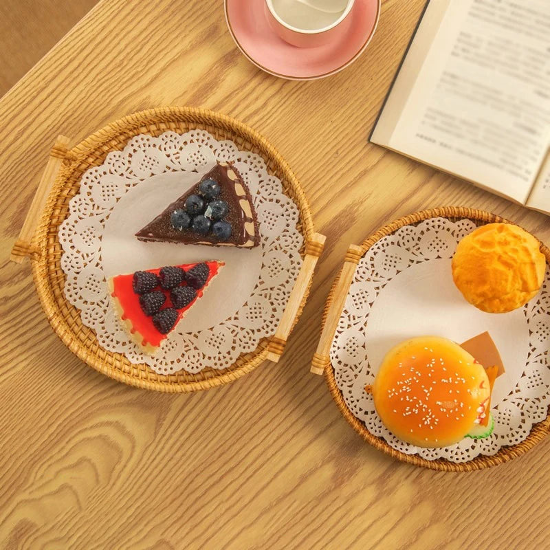 1PC Woven Rattan Storage Basket with Strap Handle round Tray for Bread Snacks Fruits Picnic - Home Organization Basket