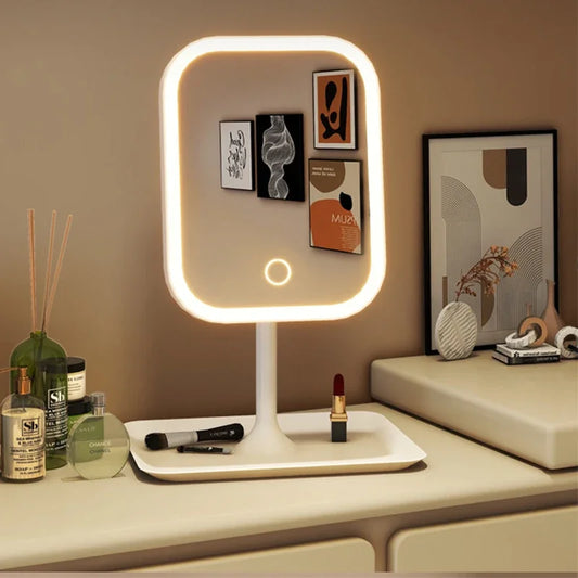 LED Desktop Vanity Mirror – 3-Color Dimmable Touch Makeup Mirror for Bedroom & Dressing Table