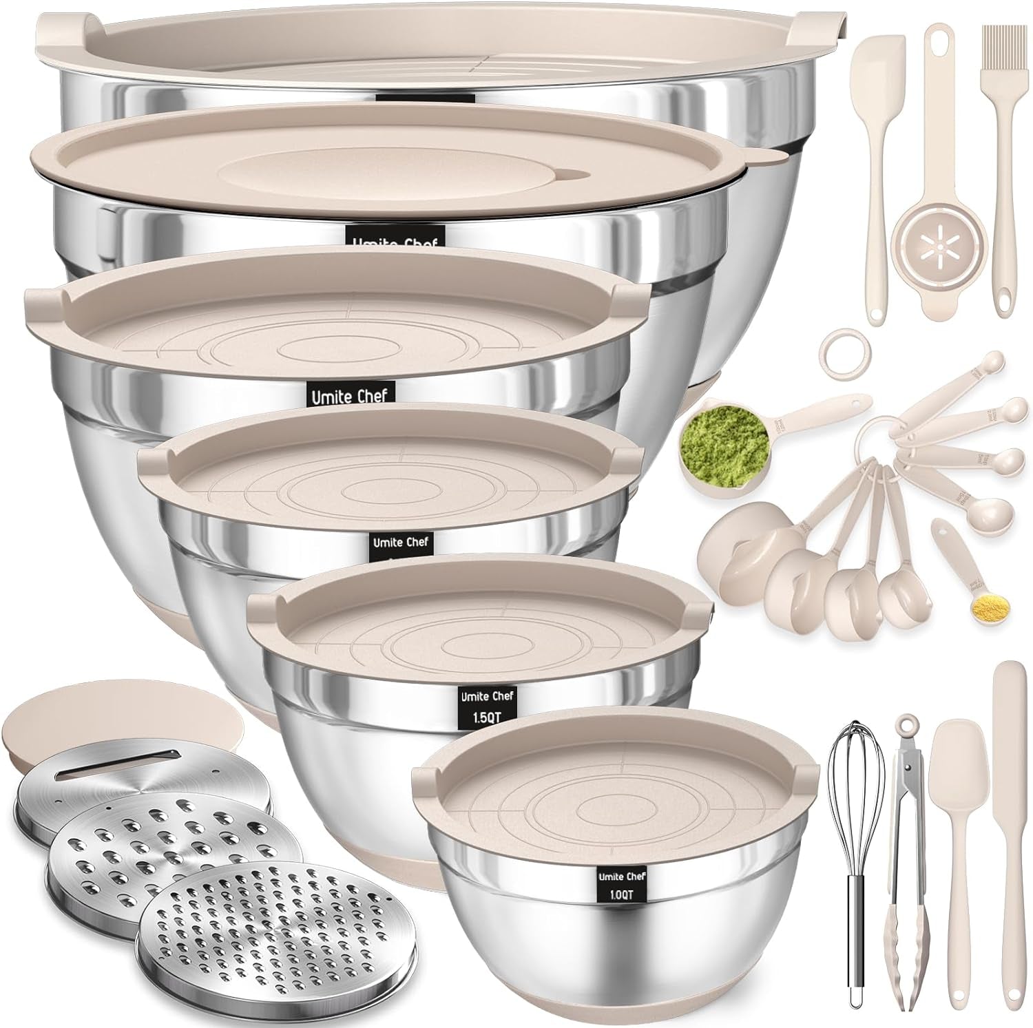 26-Piece Stainless Steel Mixing Bowl Set with Airtight Lids, Graters & Non-Slip Bottoms – Multi-Size Kitchen Prep & Serving Bowls