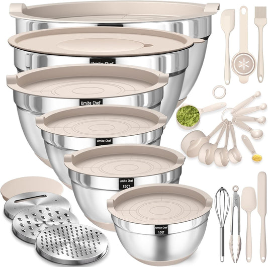 26-Piece Stainless Steel Mixing Bowl Set with Airtight Lids, Graters & Non-Slip Bottoms – Multi-Size Kitchen Prep & Serving Bowls